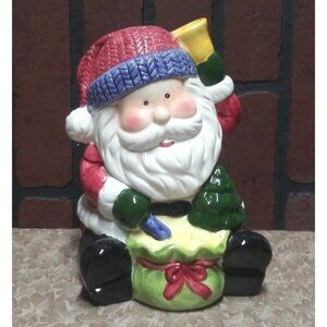 "Santa Claus" cookie jar 9" tall Vintage Santa sitting with gift bag ceramic EUC